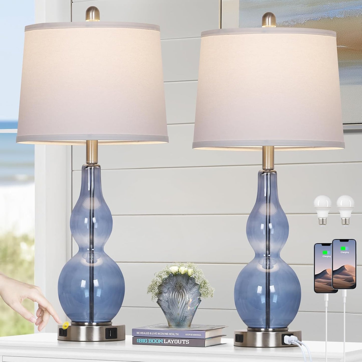 Coastal Blue Glass Double Gourd Table Lamp Set with USB Ports