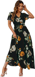 Boho Floral Maxi Dress - Flowy V Neck Short Sleeve Wedding Guest is