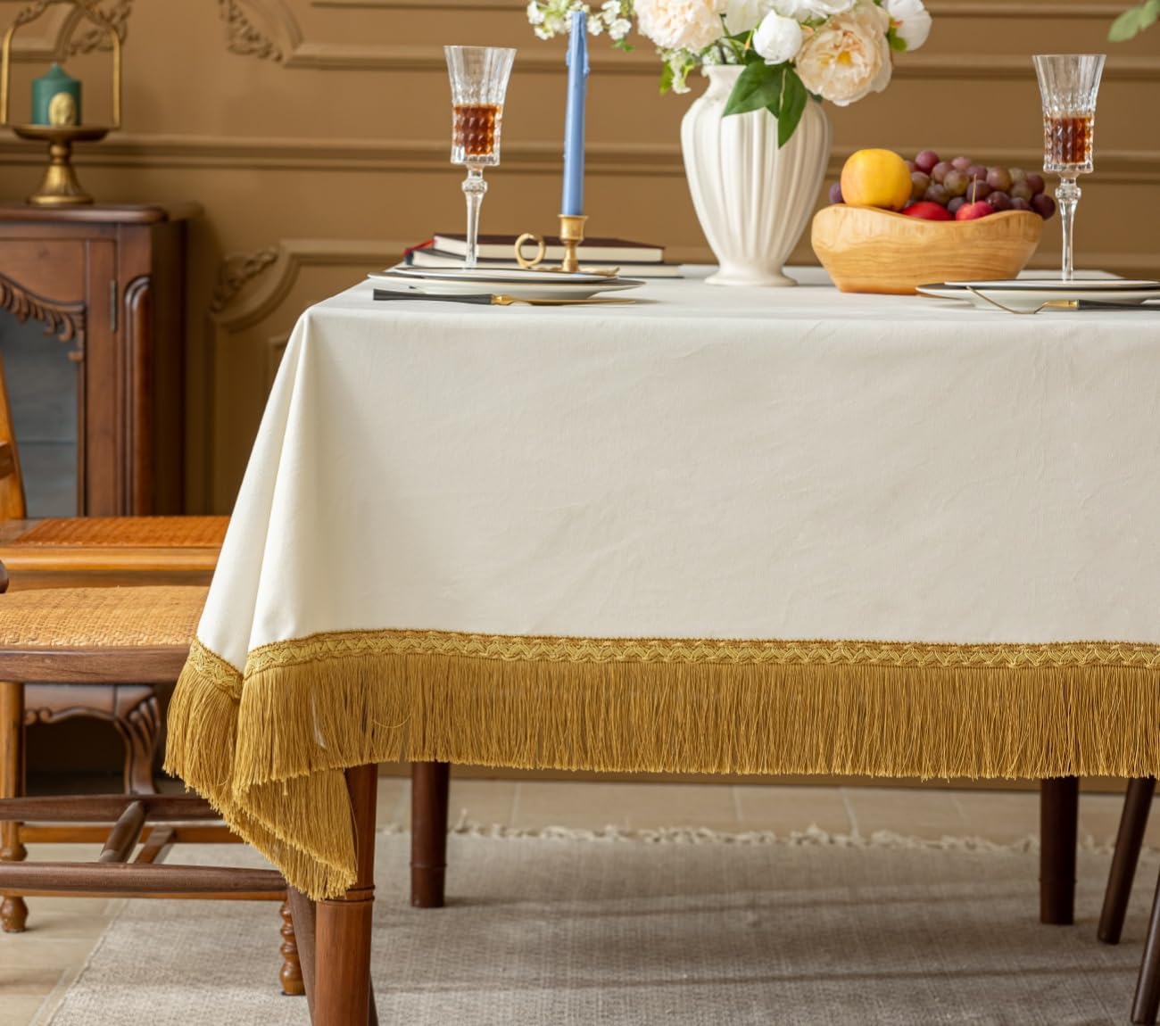 Luxury White Velvet Tablecloth with Gold Tassels for Events