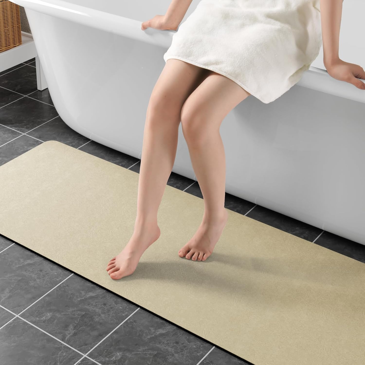 Beige Long Bathroom Mat Rugs 59x17 Quick Dry Non Slip Design