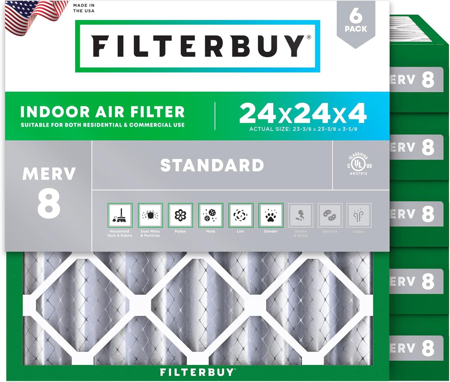 Filterbuy 24x24x4 Air Filter MERV 8 for Dust and Allergies