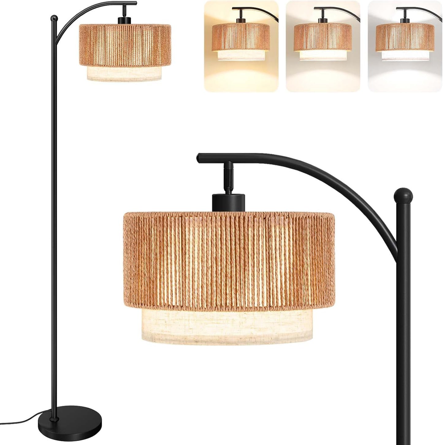 SUNMORY Arc Floor Lamp with Adjustable Rattan & Fabric Shades