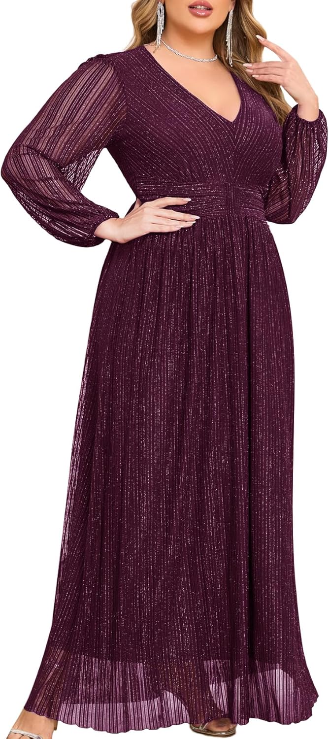 Plus Size Maxi Formal Dress with Sparkly V-Neck and Ruffles