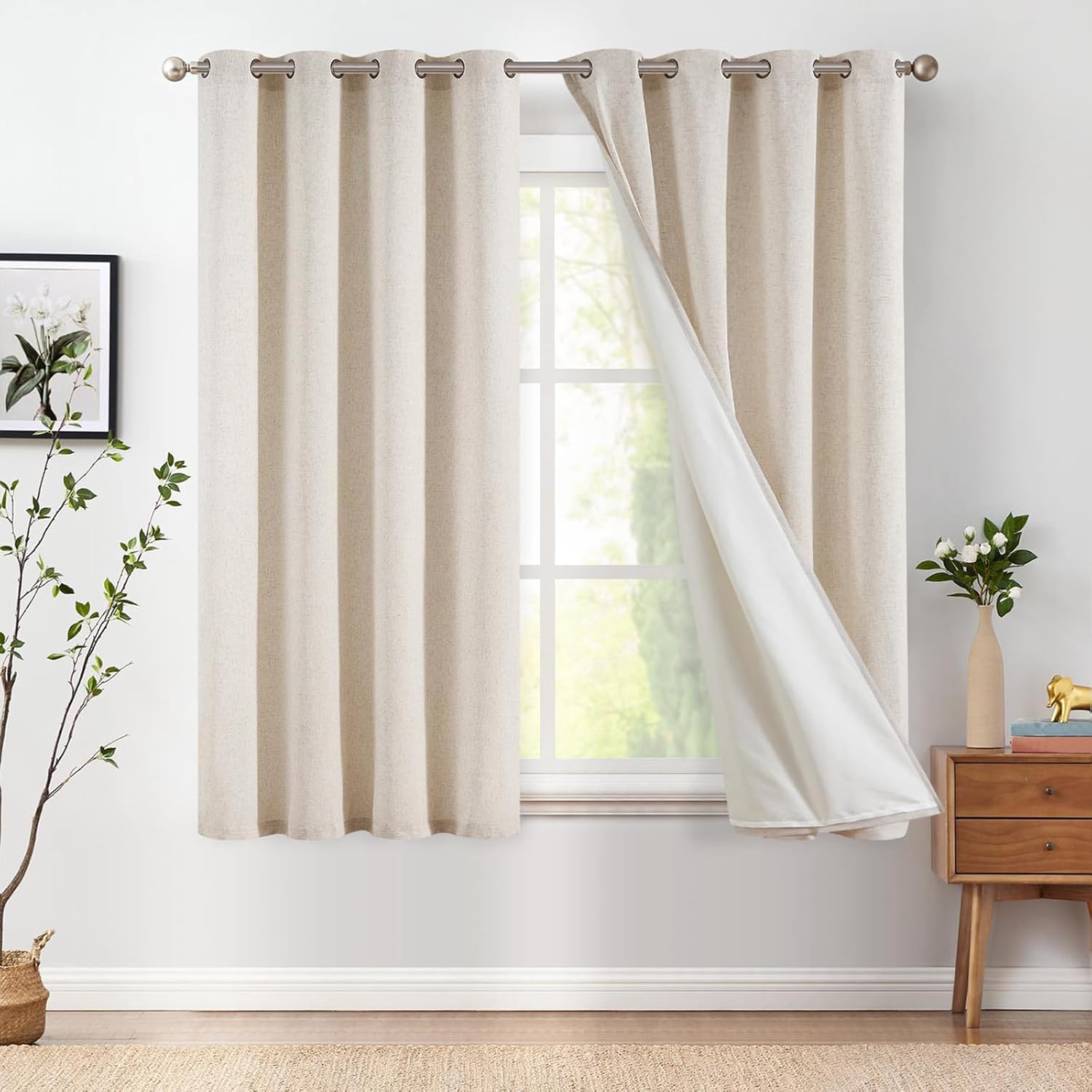 Beige Linen Curtains for Living Room Darkening 54 Inch Long