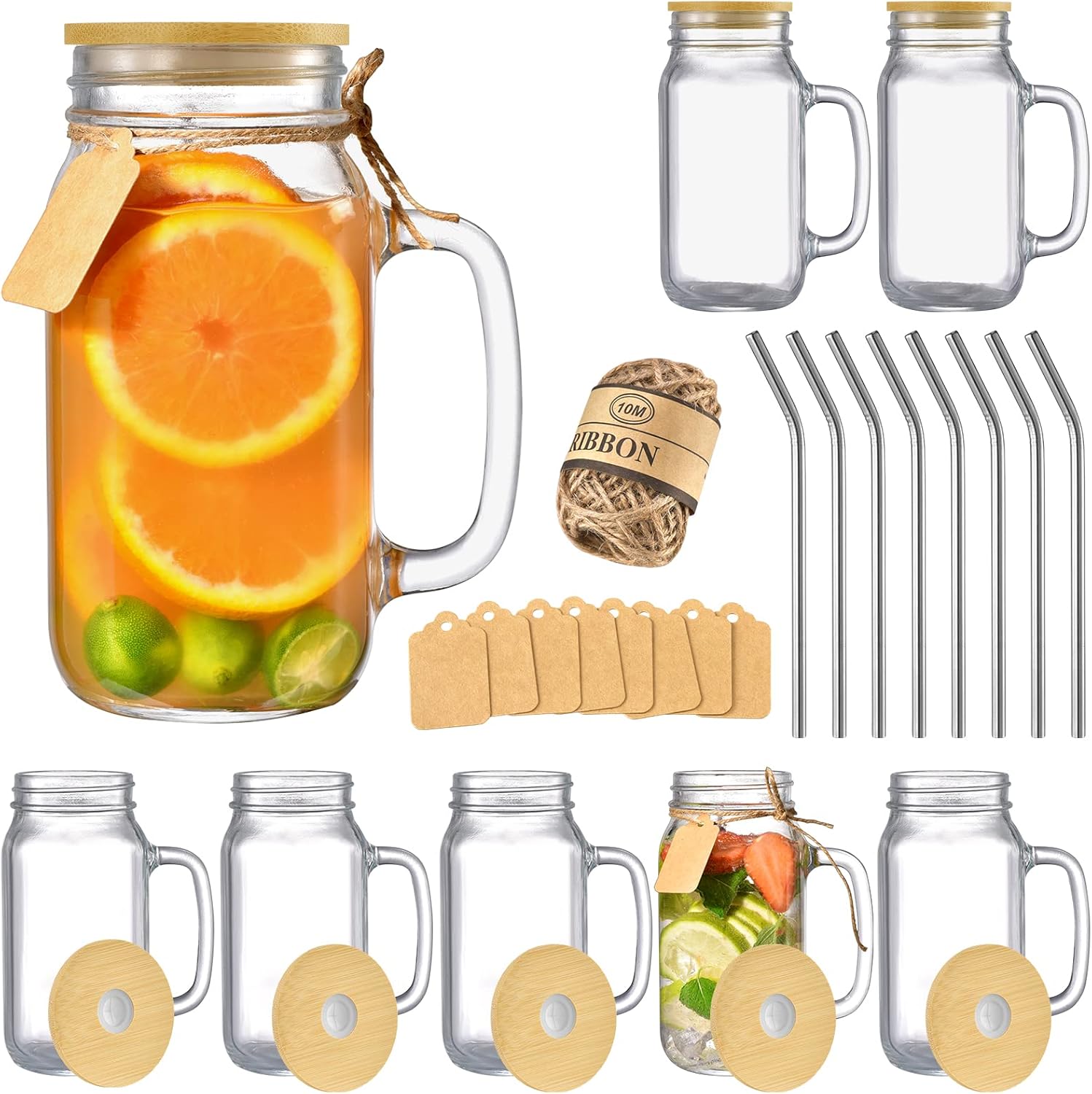 24 oz Mason Jar Cups Set of 8 with Lids and Straws for Drinks
