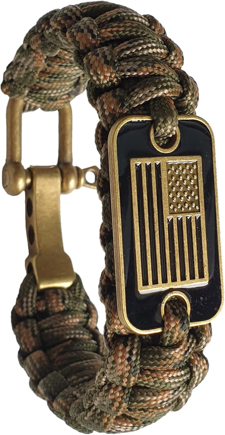 Tactical Survival Bracelet - Adjustable Sizes - Bronze USA Flag - Green Camo - VAYOBOO