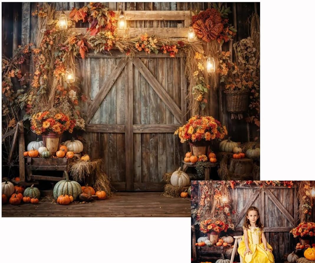 10x8ft Autumn Farm Pumpkin Lanterns Photography Backdrop