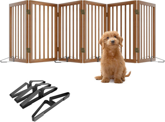Freestanding Pet Gate for Dogs - Stylish Walnut Bamboo Design