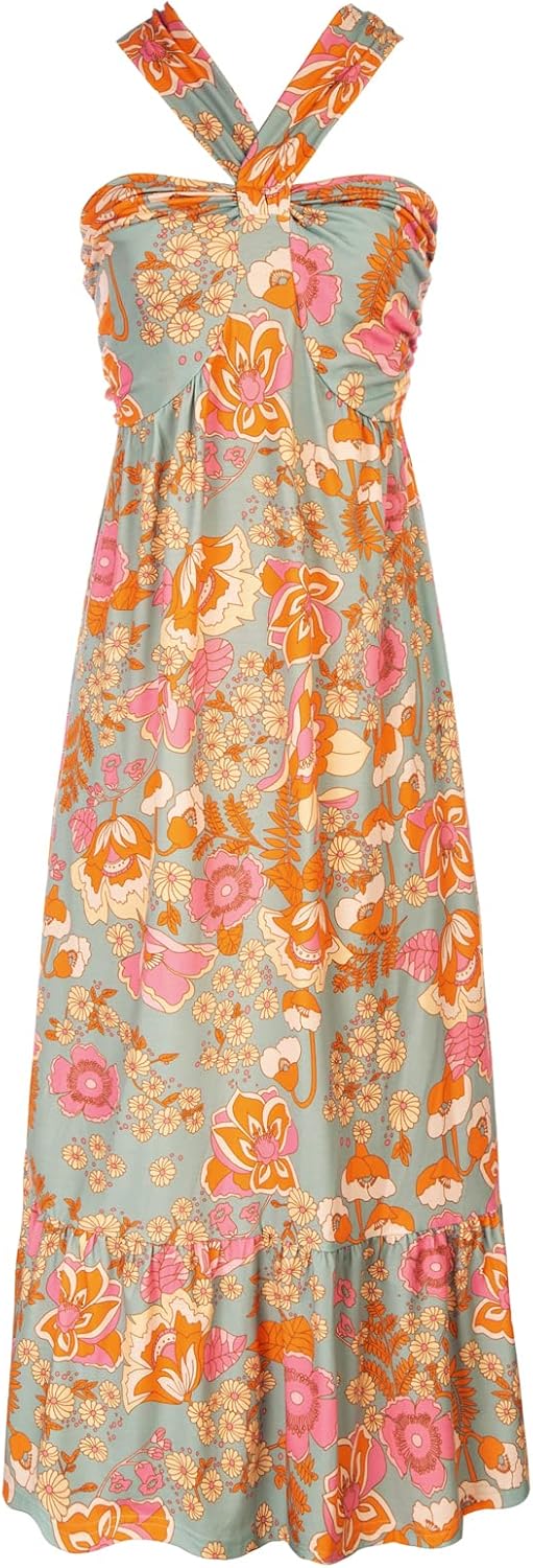 Floral Print Maxi Dress for Women - Criss Cross Halterneck Style