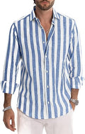 Men's Linen Striped Long Sleeve Button-Down Shirt - Casual Comfort