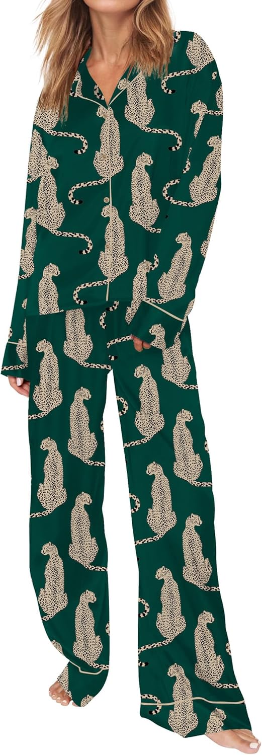 Satin Pajamas Set for Women with Classic Cheetah Print Design