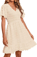 Womens Beach Vacation V Neck Smocked Swiss Dot Mini Dress