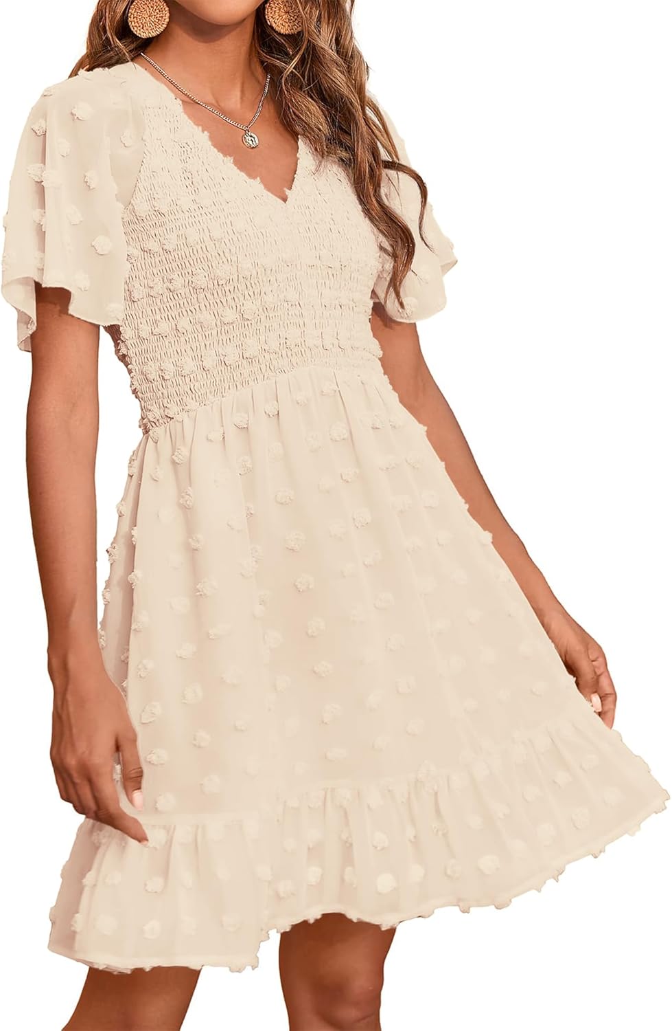 Womens Beach Vacation Dress V Neck Short Sleeve Smocked Ruffle