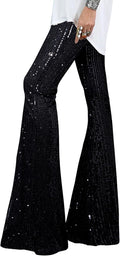 EVALESS Women Sequin Pants Sparkly High Waisted Wide Leg Flare Lining