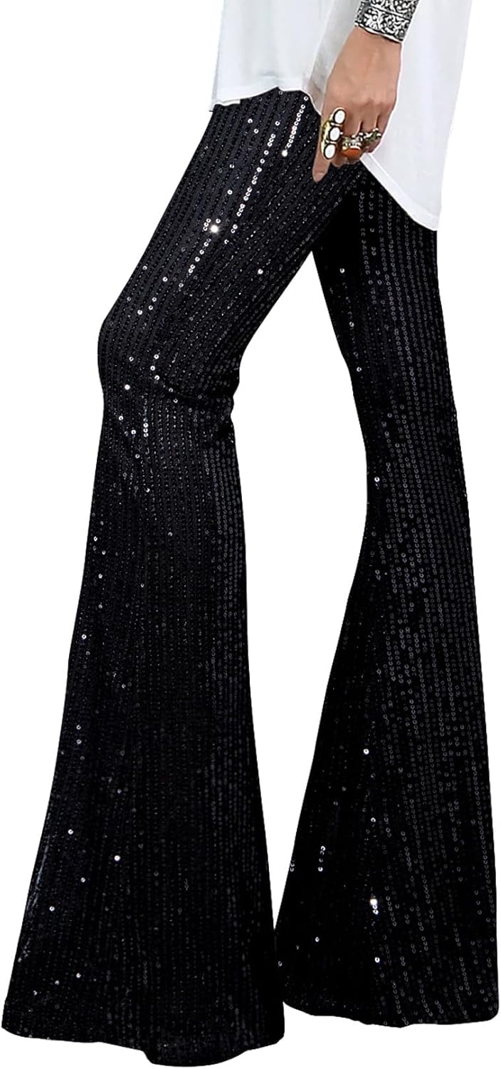 EVALESS Women Sequin Pants Sparkly Glitter High Waisted Trousers