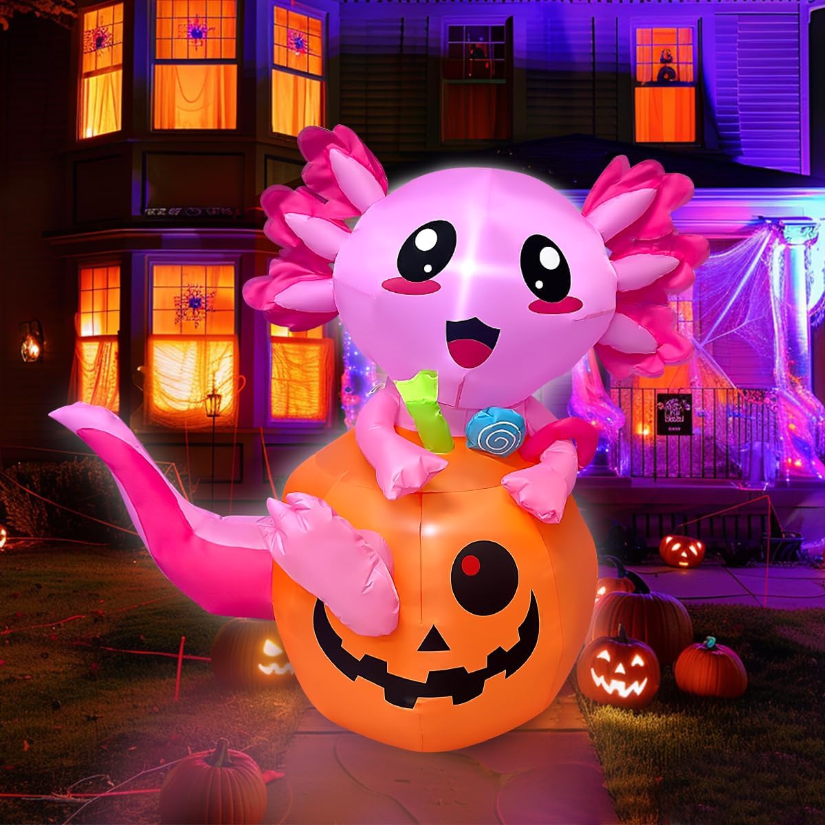 5FT Halloween Inflatable Pumpkin Axolotl with LED Lights for Yard
