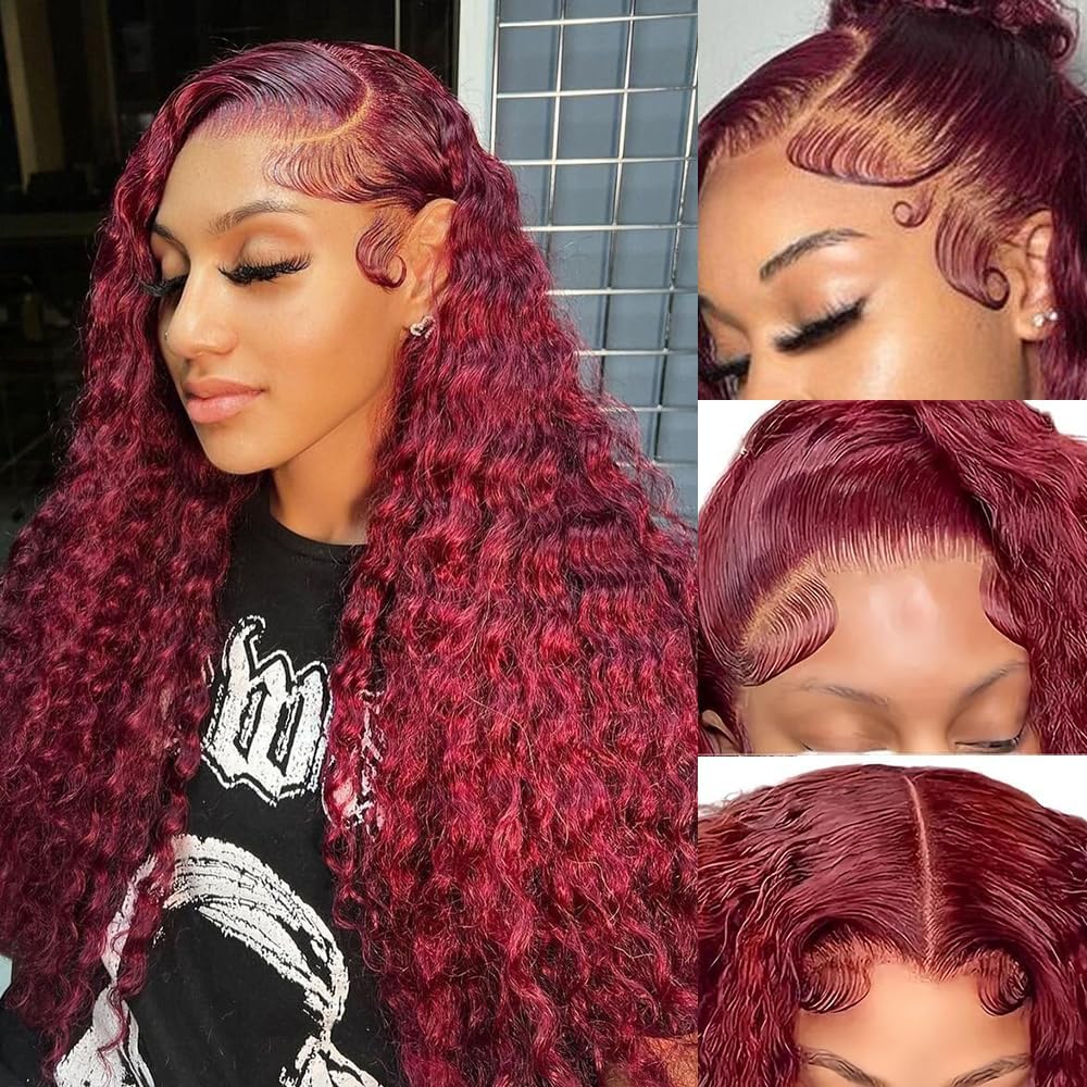 28 Inch Burgundy Lace Front Wigs Human Hair Deep Wave Style