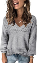 FEKOAFE Womens V Neck Hollow Knit Pullover Sweater - Soft Polyester