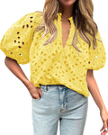 Womens Casual Summer Blouse Hollow Out Eyelet Embroidery - Boho Puff
