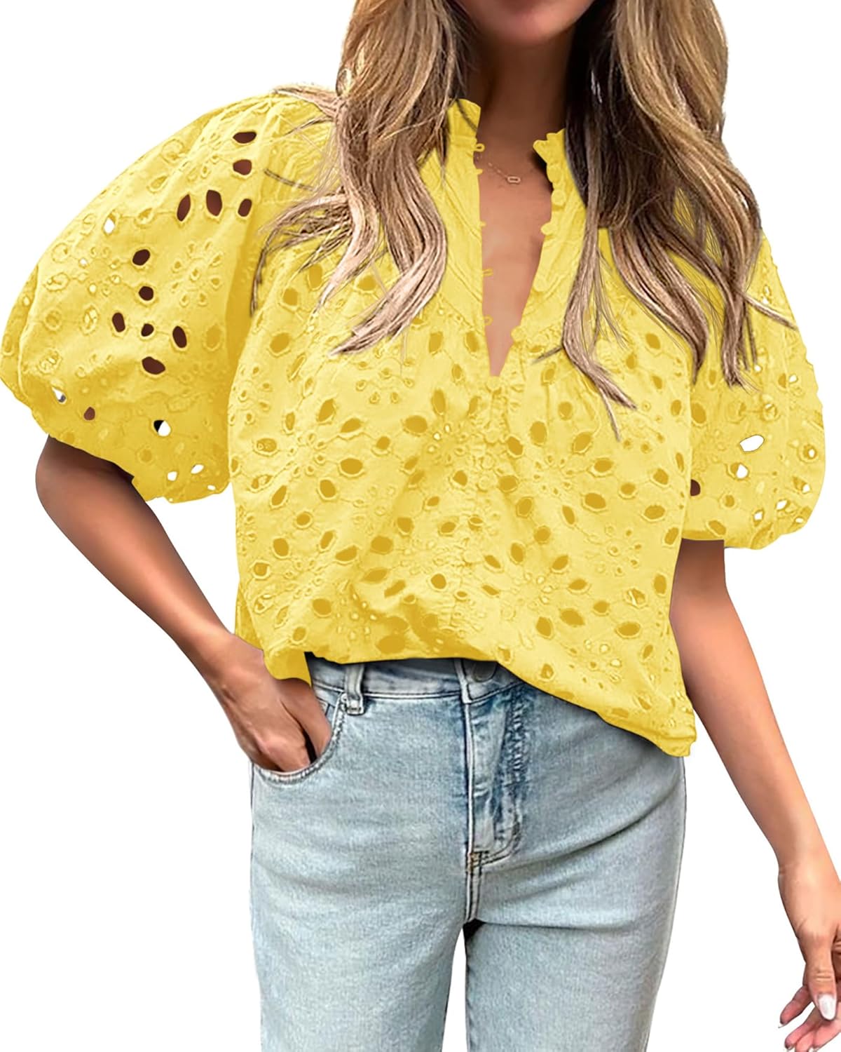 BTFBM Womens Casual Summer Blouse with Eyelet Embroidery Design