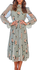 Floral Chiffon Midi Dress Puff Long Sleeve - Elegant Fall Midi