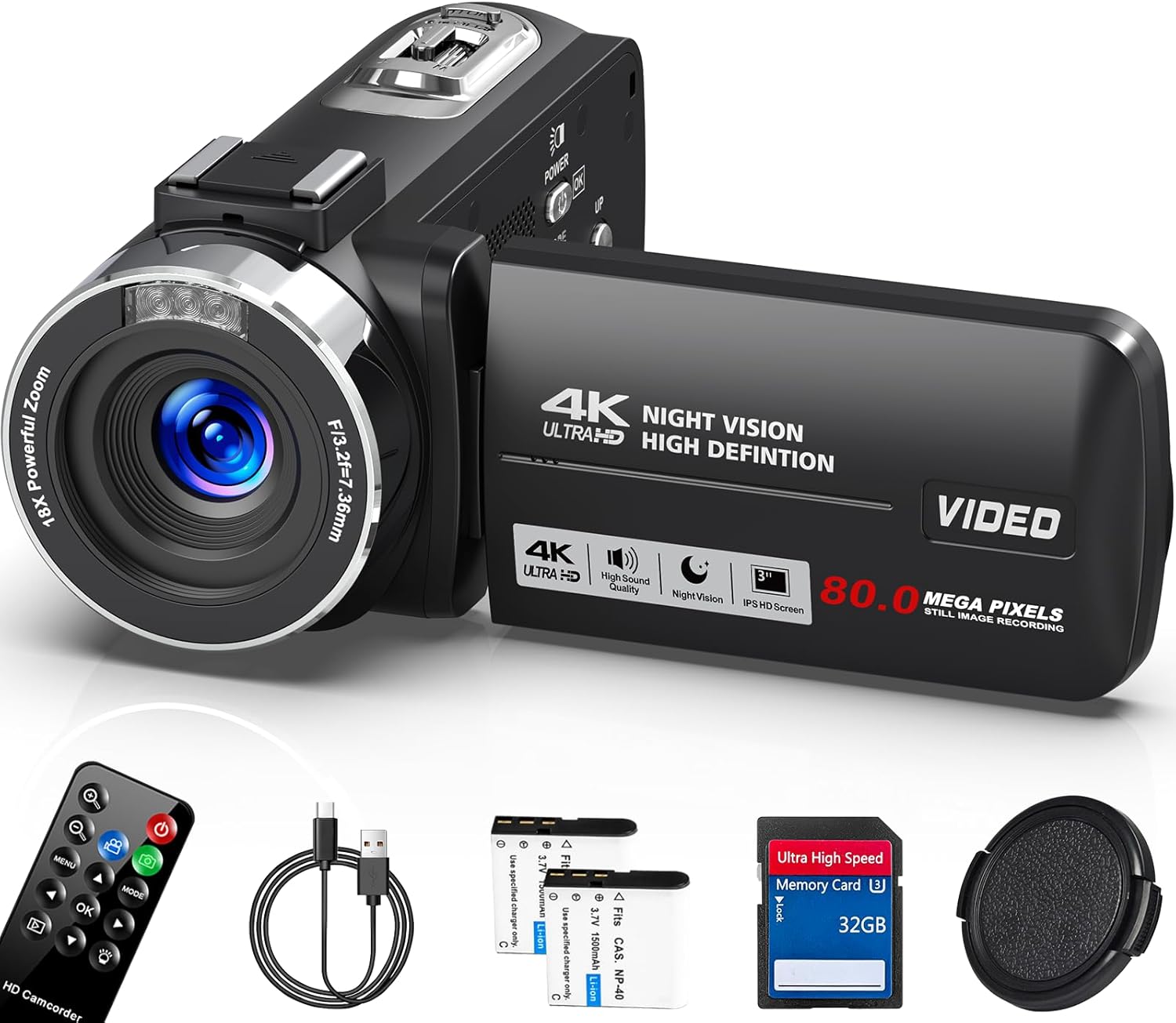 4K HD Camcorder Video Camera with Night Vision and Zoom