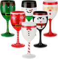 Christmas Wine Glasses Set 6 Pc - Festive Santa Snowman Goblets