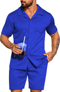 Mens 2 Piece Outfits Summer Casual Texture Beach Short Sleeve Set
