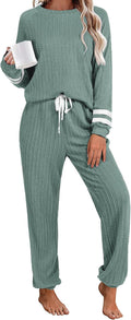 Ekouaer Lounge Sets for Women Ribbed Knit 2-Piece Long Sleeve Set Soft
