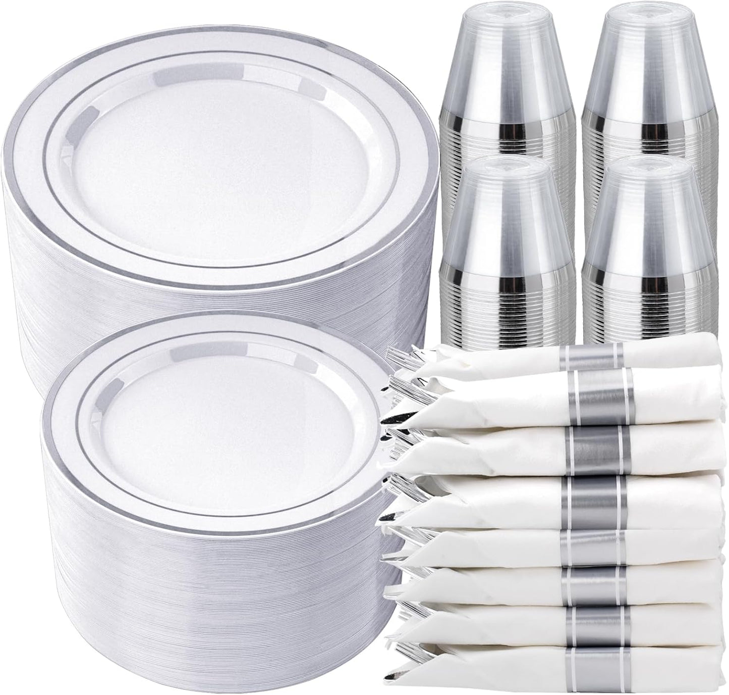 350-Piece White/Silver Dinnerware Set for 50 Guests - Elegant Party Supplies