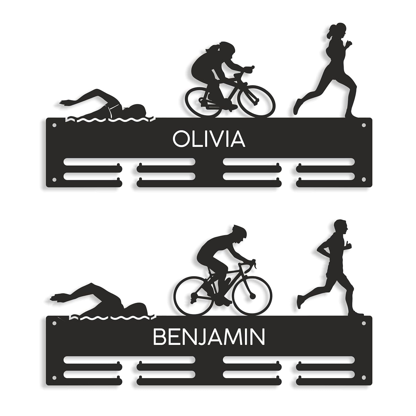 Personalized Triathlon Medal Holder for Swim, Bike, Run Display