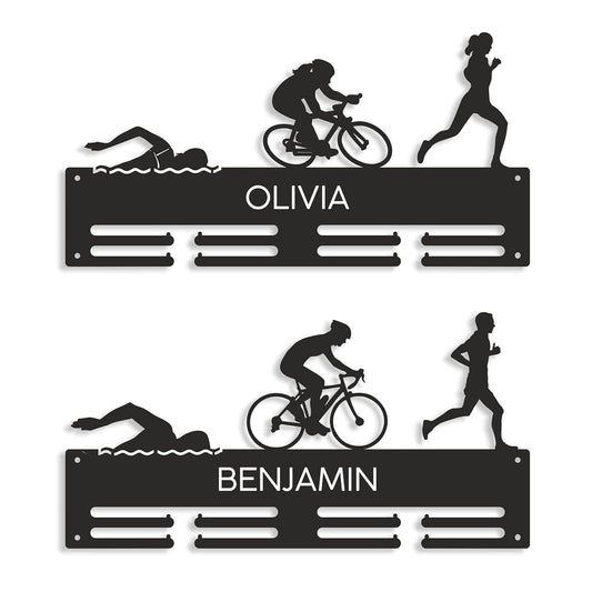Personalized Triathlon Medal Holder for Swim, Bike, Run Display