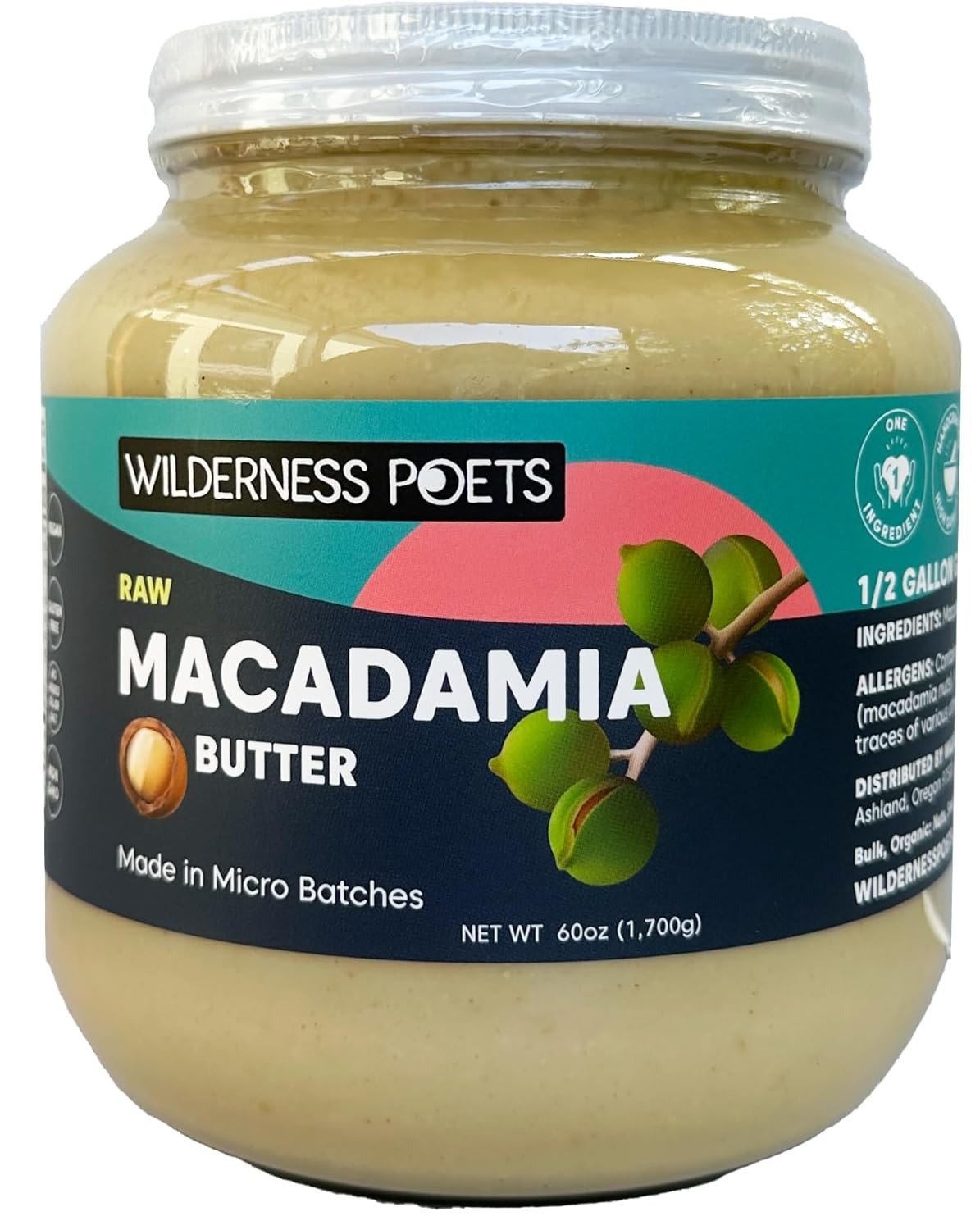 Raw Macadamia Butter in Half Gallon Glass Jar - Smooth & Crunchy