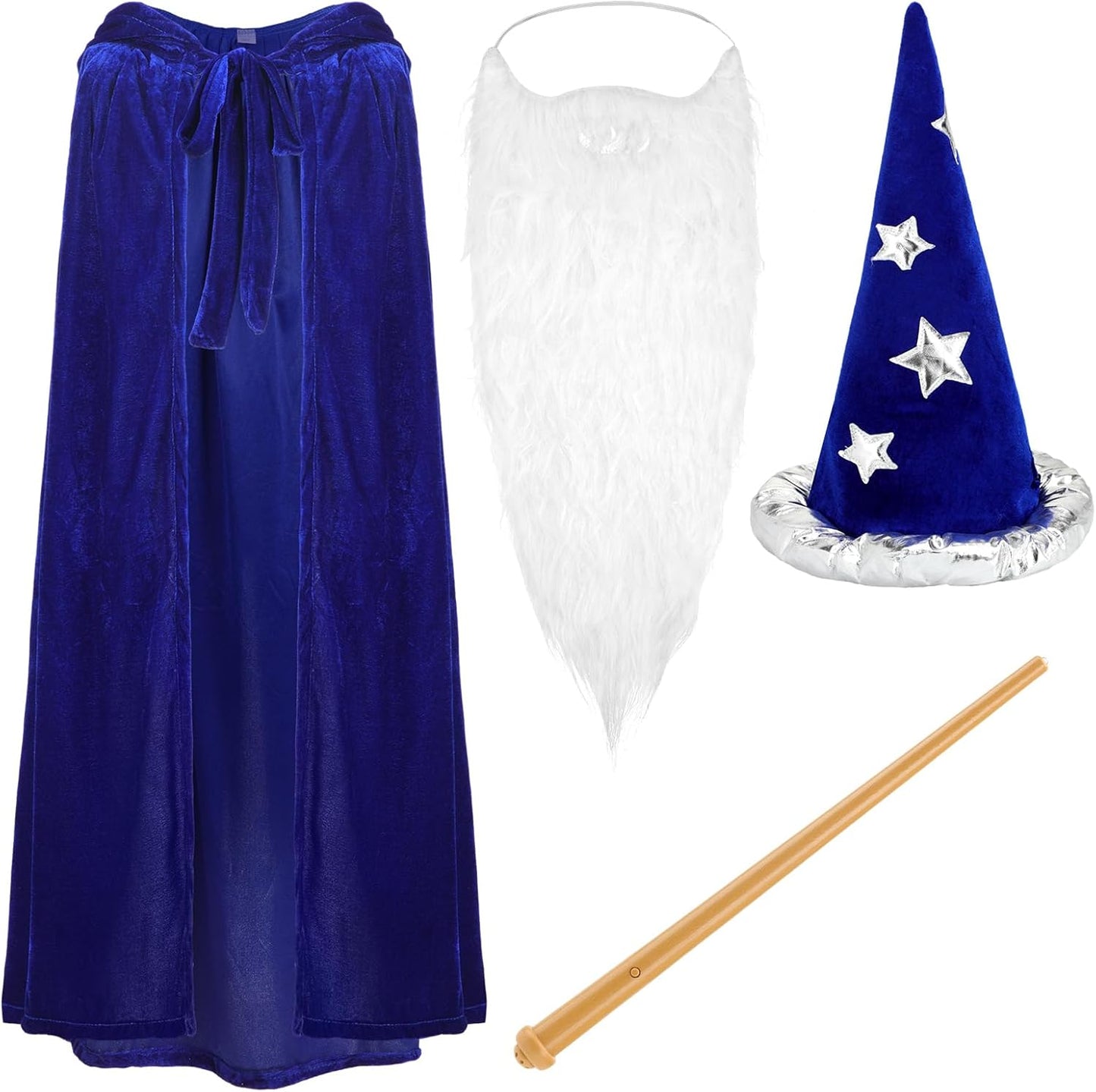 Complete Wizard Costume Set with Cloak, Hat, Beard, and Wand