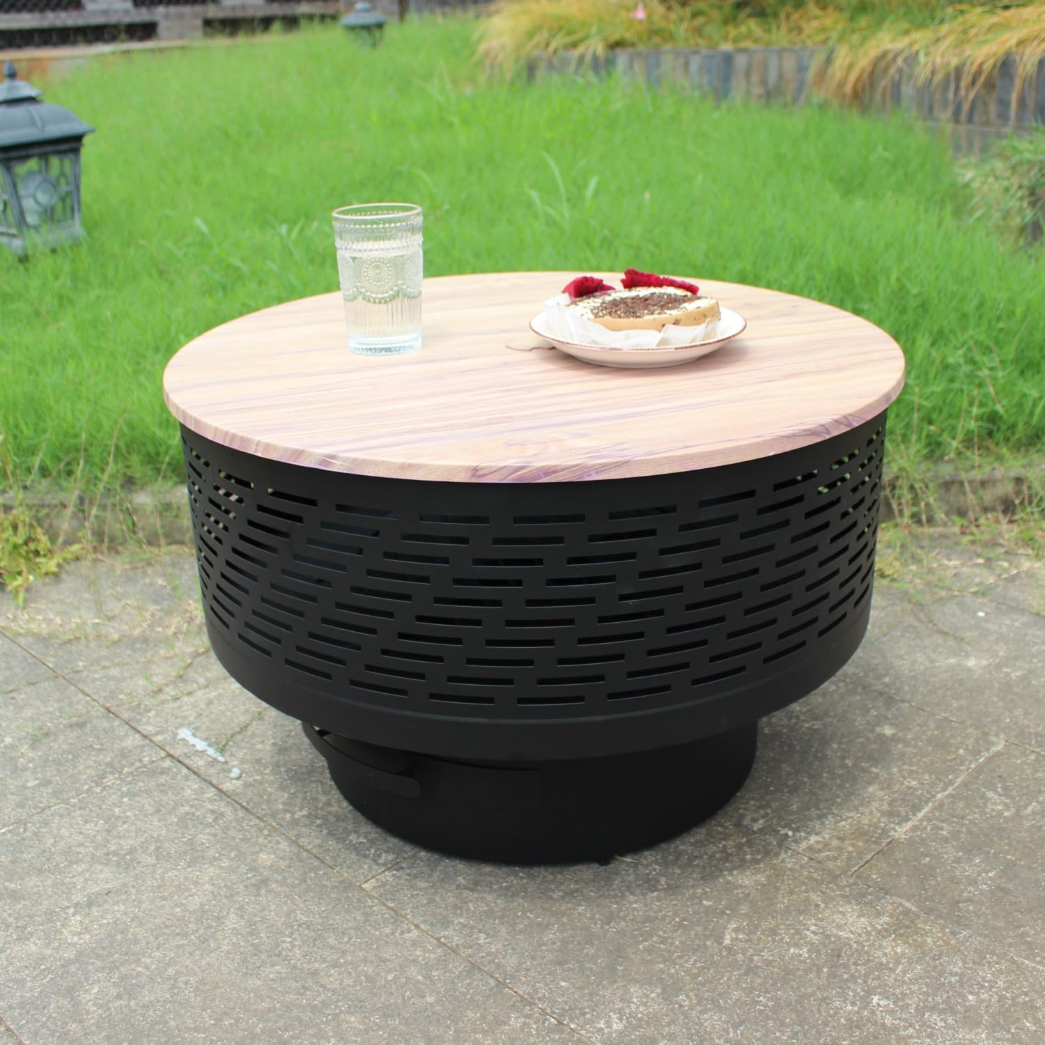 26 Inch Wood Burning Fire Pit Table with Grill and Lid