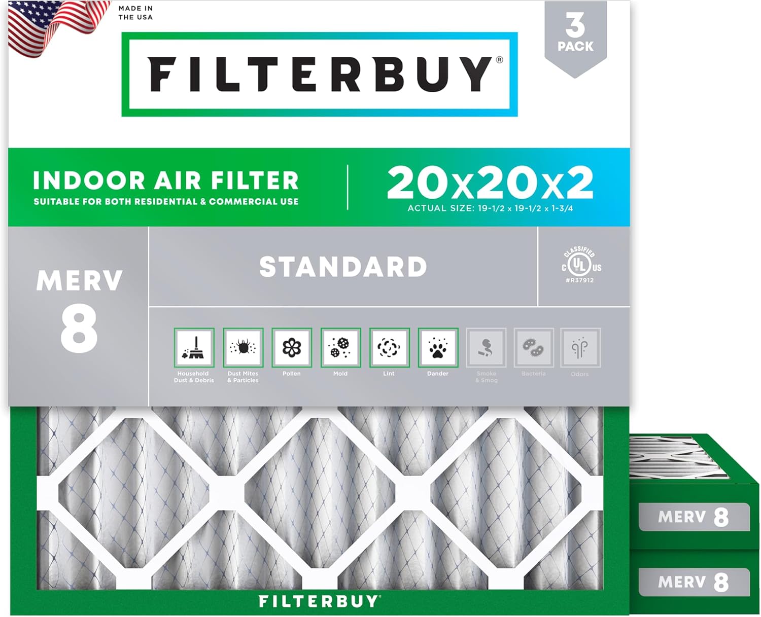 Filterbuy 20x20x2 Air Filter MERV 8 for Dust & Allergy Defense