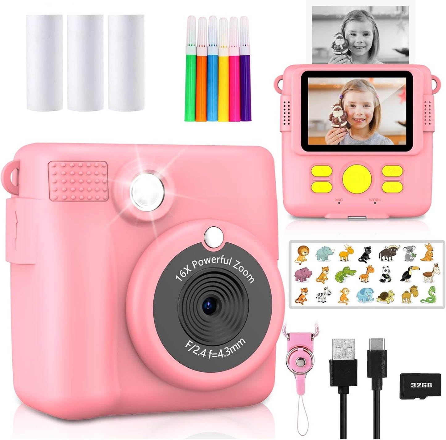 RADEKLY Pink Instant Print Camera - HD, 32GB, 3 Rolls Paper