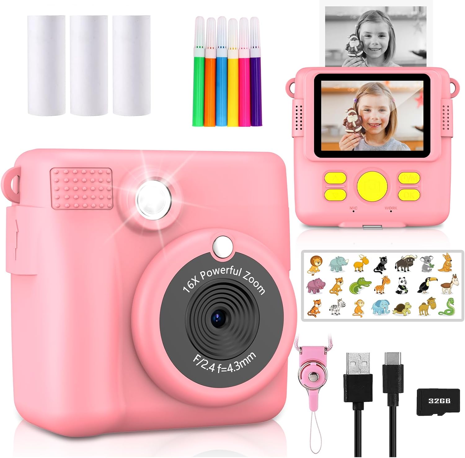 RADEKLY Pink Instant Print Camera - HD, 32GB, 3 Rolls Paper