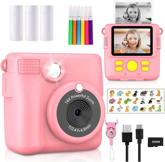 RADEKLY Pink Instant Print Camera - HD, 32GB, 3 Rolls Paper