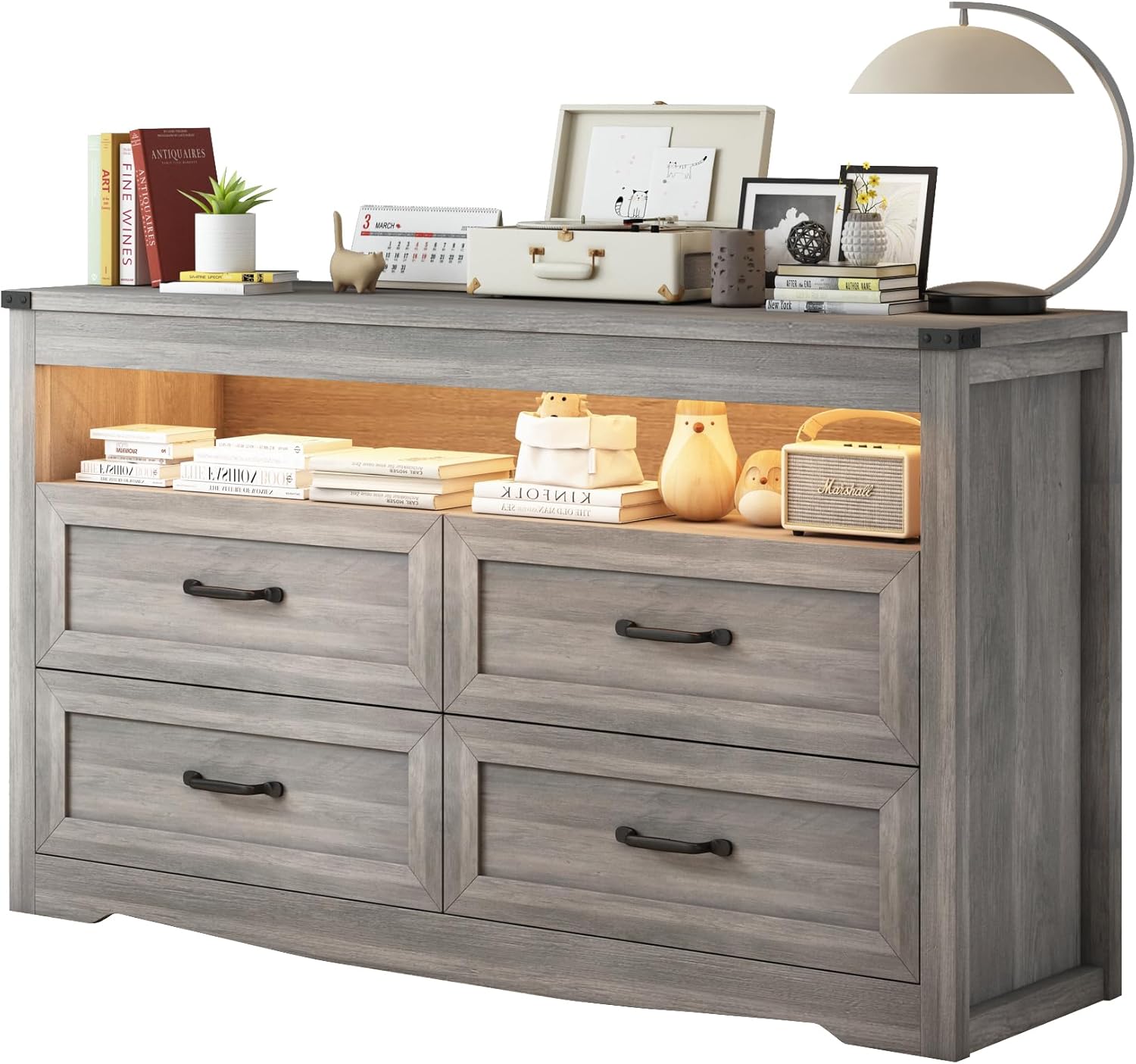 Grey Dresser for Bedroom with LED Light and Ample Storage