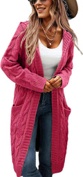 Womens Hooded Open Front Long Cable Knit Cardigan - Oversized Cozy
