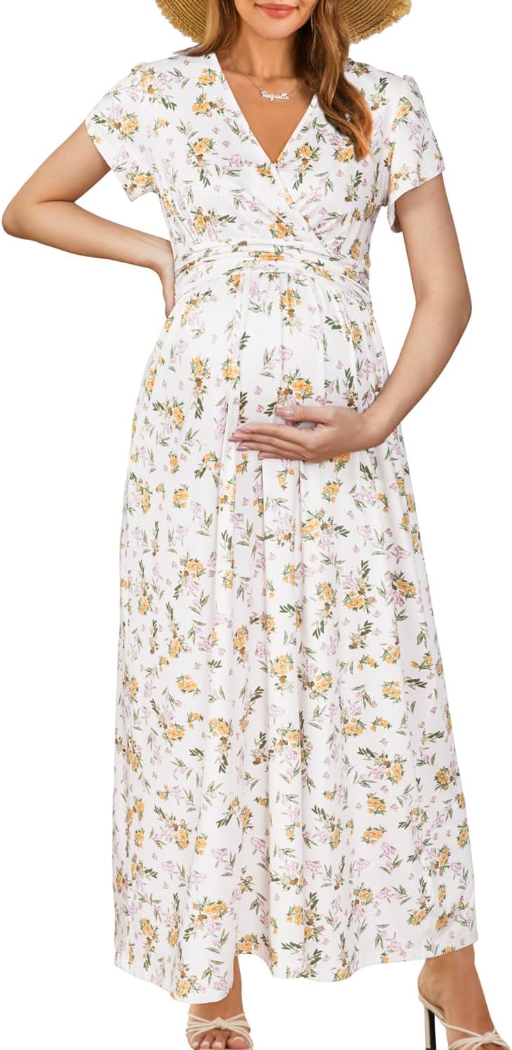 OUGES Maternity Maxi Dress Wrap V Neck for Baby Shower Events