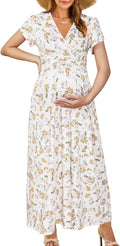 Maternity Maxi Wrap V Neck Dress for Women - Flowy Nursing Fit