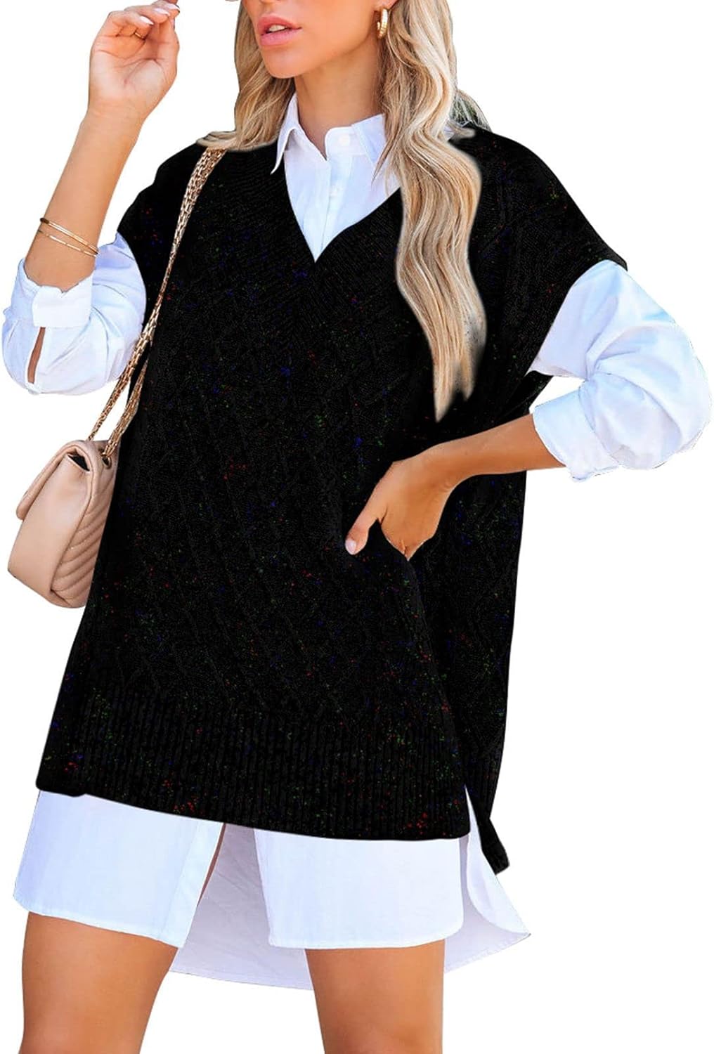 Viottiset Women's Oversized V Neck Knit Sweater Vest Tunic