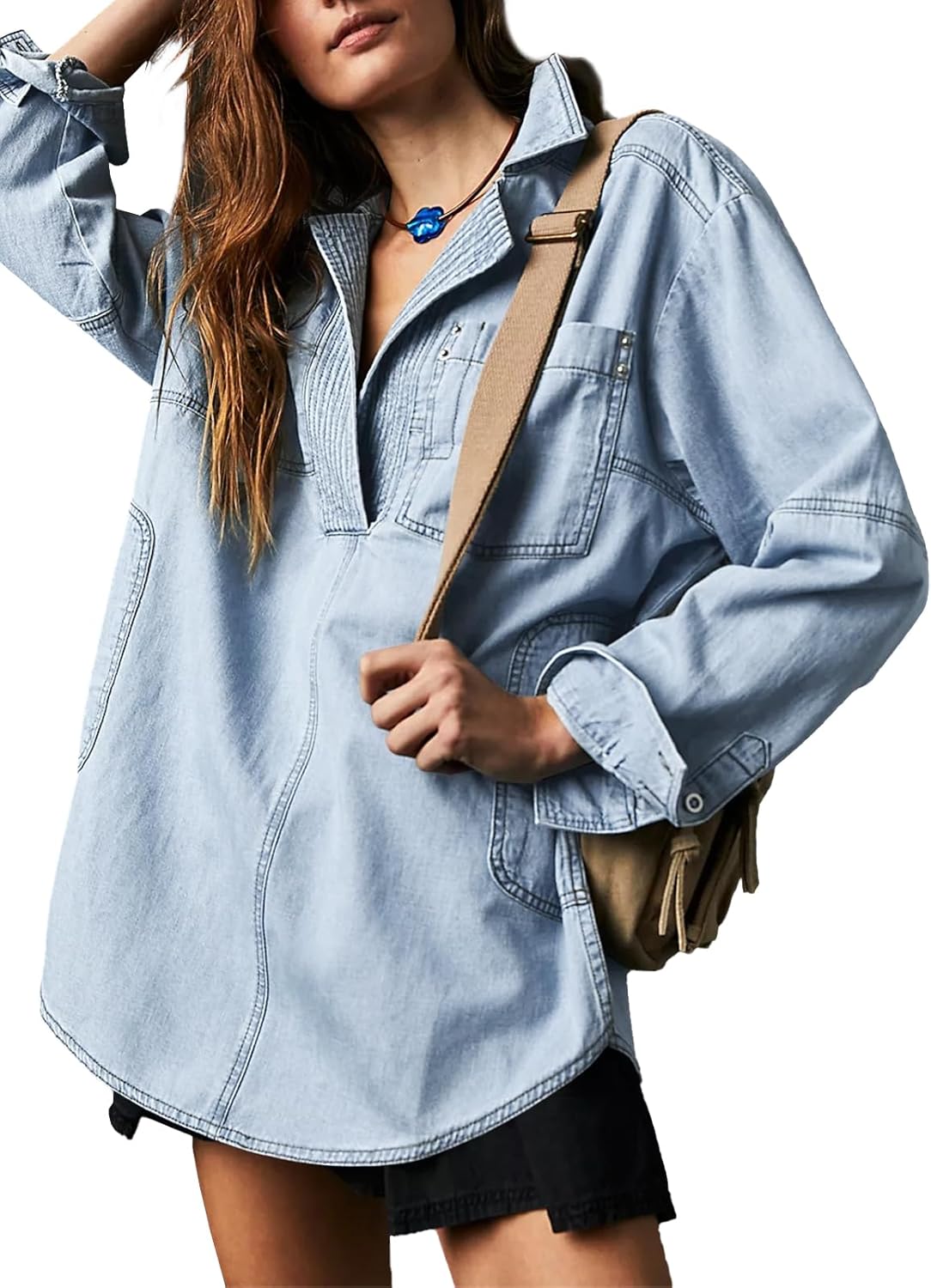 Fazortev Women's Denim Pullover Casual Button V Neck Blouse