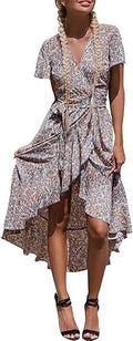 BerryGo Women's Boho V Neck Ruffle Floral Wrap Maxi Dress