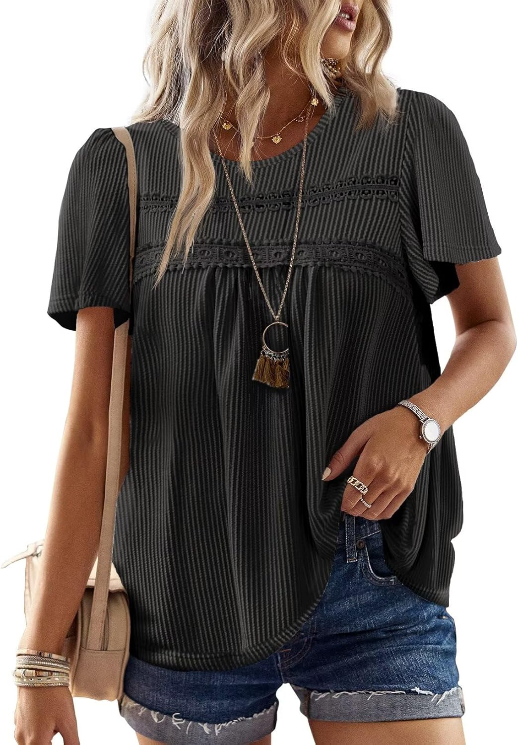 Womens Summer Tops Crewneck Short Sleeve Striped Shirts Casual