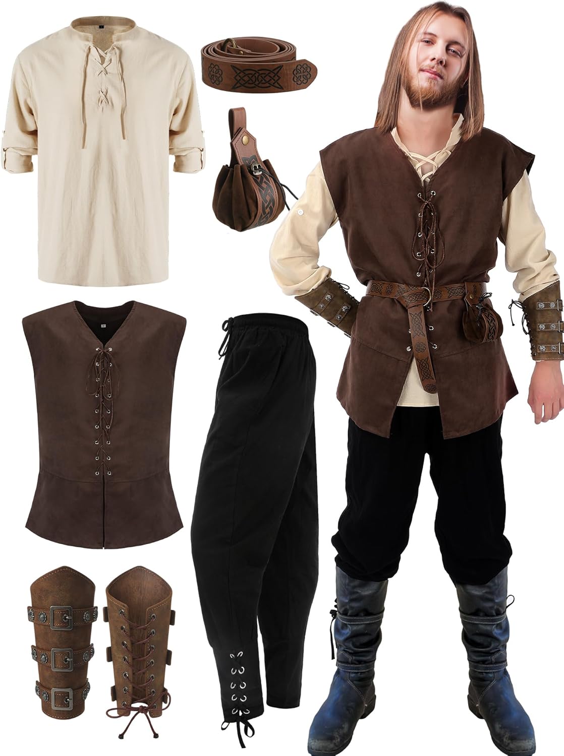 Suhine 6 Pcs Men's Halloween Renaissance Costume Set for Cosplay