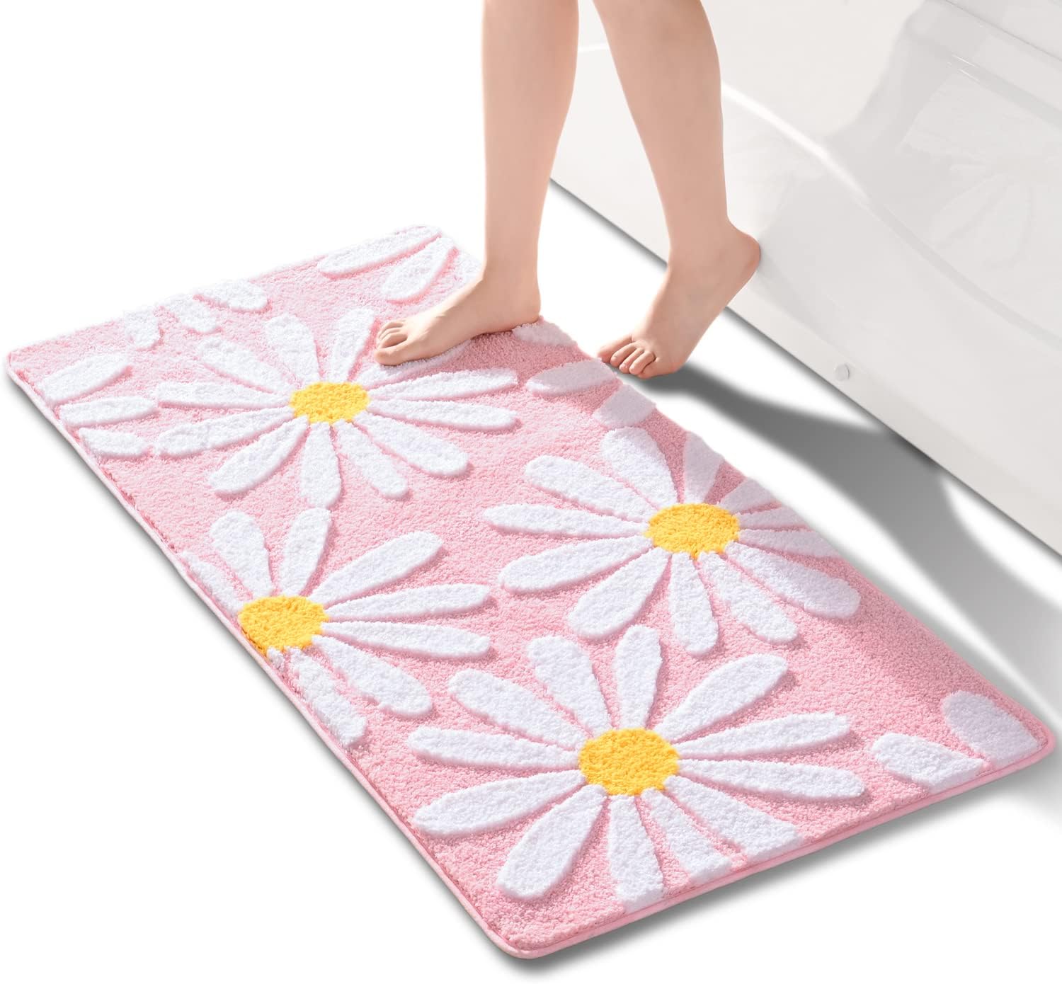 Cute Daisy Bath Mat Non Slip Microfiber Rug for Bathroom Decor