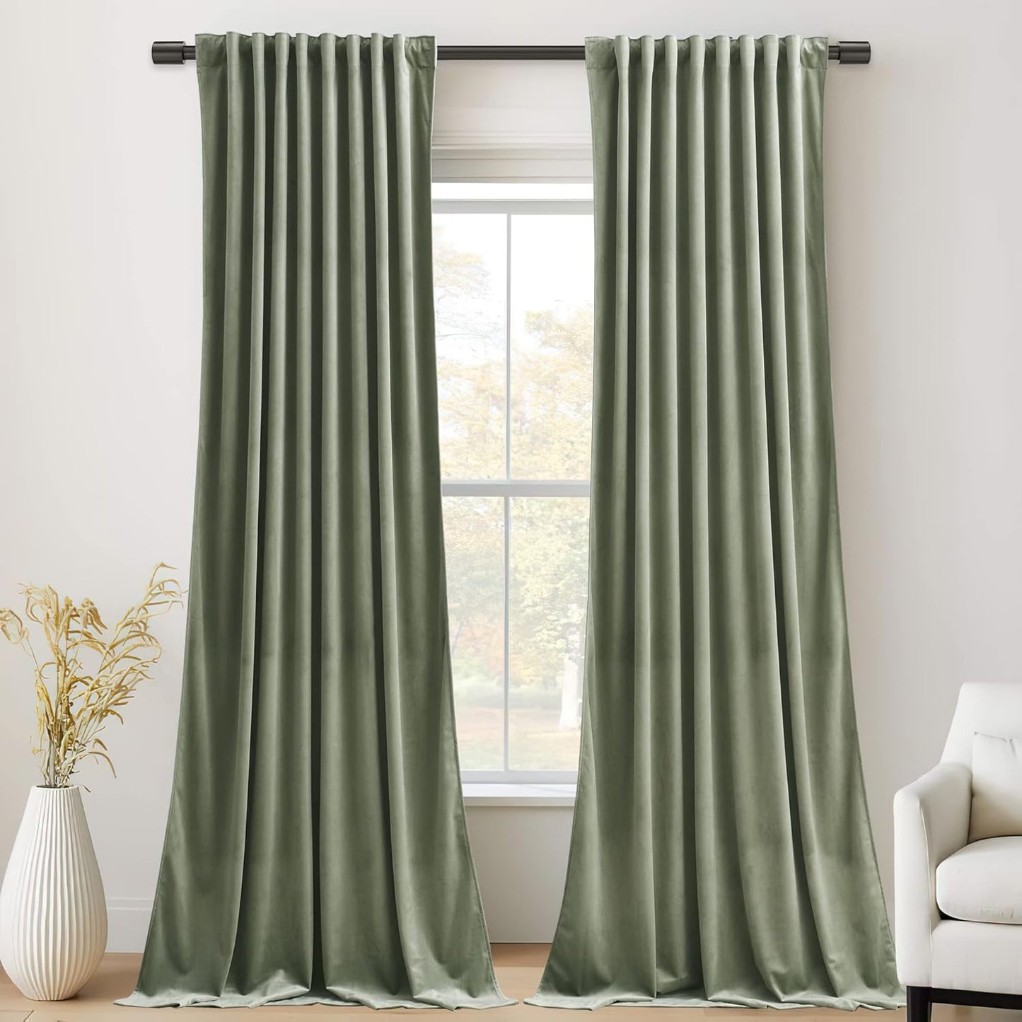 StangH Sage Green Velvet Curtains 120in - Elegant Thermal Drapes